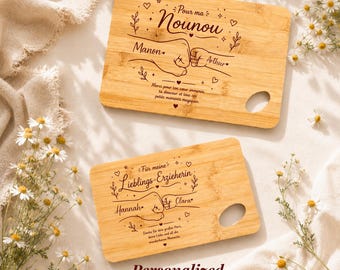 Cadeau Assistante Maternelle Personnalisé Idée Cadeau Nounou Planche à Découper Gravée ATSEM Souvenir Fin Année Merci Gravure Bambou Cuisine