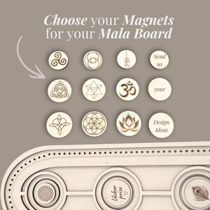 Peut inclure: Un ensemble d'aimants en bois avec divers symboles spirituels et motifs, dont une fleur de lotus et le symbole Om. Le texte "Choose your Magnets for your Mala Board" est affiché au-dessus des aimants. Le texte supplémentaire comprend "Send us your Design Ideas".