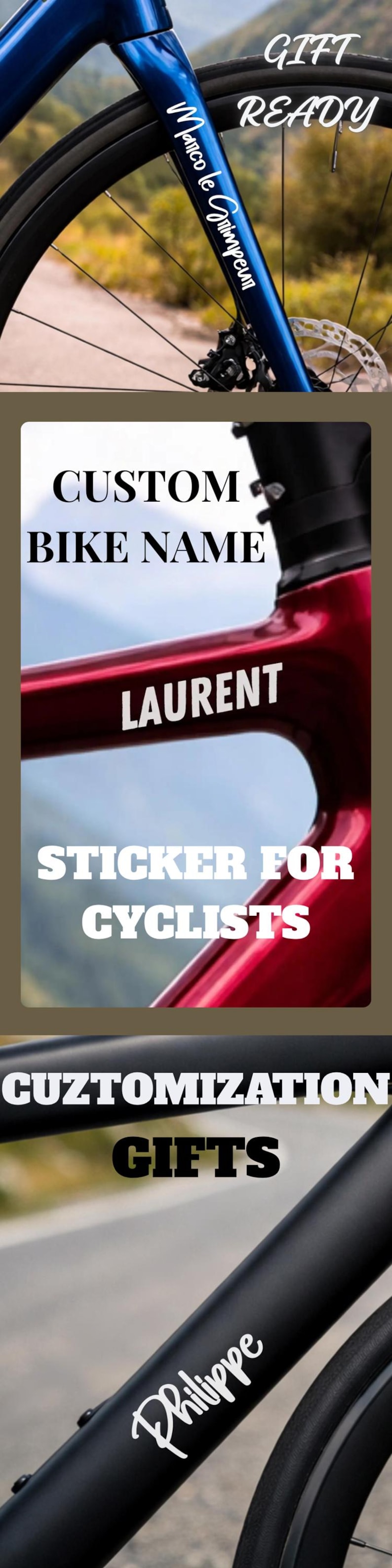 May include: A blue and red bicycle with custom name stickers. The image includes the text "GIFT READY", "CUSTOM BIKE NAME", "STICKER FOR CYCLISTS", and "CUZTOMIZATION GIFTS".