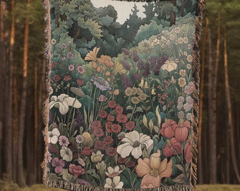 Mantas tejidas de primavera, tapiz de flores, decoración Fairycore, arte de pared Cottagecore, tiro de jardín de flores