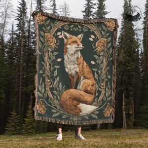 Woven Tapestry Fox blanket for Dark academia decor and Cottagecore Tapestry Farmhouse Home Decor Fox