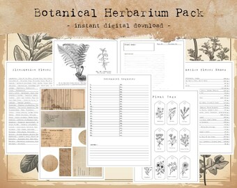May include: A digital download titled "Botanical Herbarium Pack" with various botanical illustrations and templates. Includes pages for plant tags, botanical registers, and alternative flower information. The background has a vintage paper aesthetic.