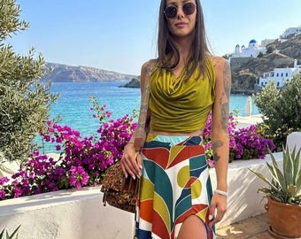 Draped Neck top & slit Skirt