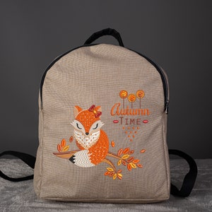 Embroidered Backpack - Cute Orange Autumn Fox Machine Embroidery