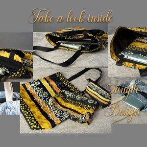 Puede incluir: Un conjunto de tres bolsas de mano de color amarillo, negro y blanco con dise&ntilde;os de margaritas y panales. Las bolsas se muestran abiertas para revelar sus interiores negros y los bolsillos con cremallera en el interior. El texto "Sample Design" es visible en la imagen.