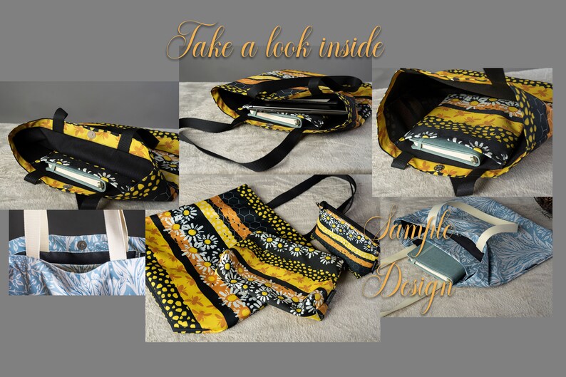 Puede incluir: Un conjunto de tres bolsas de mano de color amarillo, negro y blanco con dise&ntilde;os de margaritas y panales. Las bolsas se muestran abiertas para revelar sus interiores negros y los bolsillos con cremallera en el interior. El texto "Sample Design" es visible en la imagen.