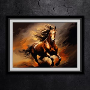 May include: Framed artwork of a running horse. The horse is rendered in brown and gold tones, with a white marking on its face. The artwork is set against a dark backdrop, creating a striking contrast. The frame is black.