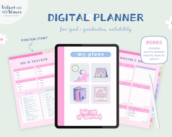 Pink Digital Planner, Goodnotes Undated Planner, Digital Stickers,  iPad Planner, Pink Journal, Self Care Planner,ADHD Planner