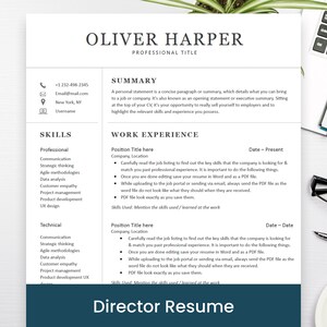 Może przedstawiać: Szablon CV w ciemnoniebieskim i białym kolorze z nazwiskiem Oliver Harper i tytułem "Director Resume". CV zawiera sekcje dotyczące umiejętności, doświadczenia zawodowego i podsumowanie.