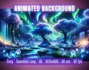 Op de afbeelding: Geanimeerde achtergrond met een magisch bos met gloeiende paddenstoelen, watervallen en een rivier. De lucht is gevuld met levendige groene en paarse aurora borealis. De tekst "Cosy * Seamless Loop * HD * 1920x1080 * 60 sec * 60 fps" staat onderaan de afbeelding.