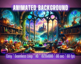 Puede incluir: Un fondo animado que presenta una habitación acogedora y mágica con una gran ventana que da a un castillo y un bosque. La habitación está llena de pociones, velas y libros. El texto "ANIMATED BACKGROUND" aparece en la parte superior de la imagen, y el texto "Cosy * Seamless Loop * HD * 1920x1080 * 60 sec * 60 fps" aparece en la parte inferior.