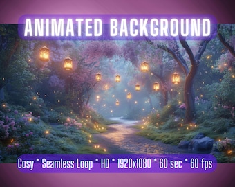 Puede incluir: Fondo animado que representa un bosque mágico con un arroyo que lo atraviesa. El bosque está iluminado por linternas y luciérnagas brillantes. El texto "Cosy* Seamless Loop* HD* 1920x1080 * 60 sec * 60 fps" está en la parte inferior de la imagen.