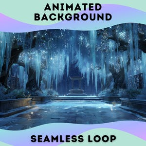 May include: An animated background depicting a winter scene with large trees, icicles, and a stone pathway. A small structure is in the center. The image includes the text "ANIMATED BACKGROUND" and "SEAMLESS LOOP".