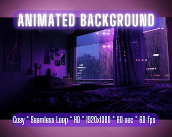 Op de afbeelding: Geanimeerde achtergrond met een knusse slaapkamer met een bed, een raam met uitzicht op een stad 's nachts en de tekst "ANIMATED BACKGROUND" en "Cosy * Seamless Loop * HD * 1920x1080 * 60 sec * 60 fps" boven en onder in de afbeelding.