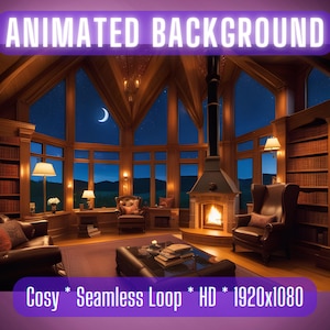 Animated background | Vtuber background | Cozy home library with fireplace | stream overlay | zoom background  | virtual background