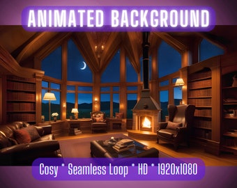 Animated background | Vtuber background | Cozy home library with fireplace | stream overlay | zoom background  | virtual background