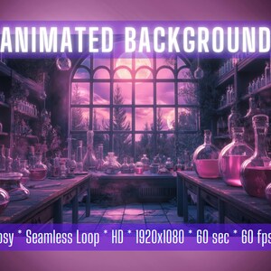 May include: Animated background featuring a cozy, dimly lit room with a large window overlooking a forest. The room is filled with glass bottles containing colorful liquids, suggesting a potion-making or alchemy theme. The text "ANIMATED BACKGROUND" is displayed at the top of the image, and the text "Cosy * Seamless Loop * HD * 1920x1080 * 60 sec * 60 fps" is displayed at the bottom.