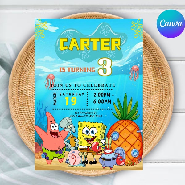 Spongebob Invitation Template Canva Etsy Spongebob Invitation Template Canva Etsy