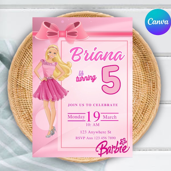 Bearbeitbare Barbie-Einladung | Rosa Puppen-Geburtstagsparty | Barbie-Party | Barbie Einladung Digitale Einladung | Druckbare Vorlage | Canva-Einladung