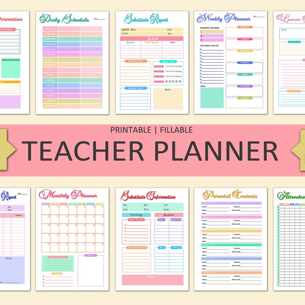 TEACHER Planner Printable | Fillable, 10+ pg BUNDLE, Lesson Plan Template, Homeschool Teacher Planner, Academic Schedule