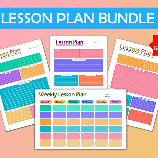 Colorful Lesson Plan Template, Printable & Fillable,  Homeschool Teacher Planner, Weekly, Daily, Academic Schedule, Simple Lesson Plan Book