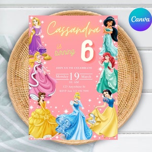 Editable Disney Princess Birthday Invitation Template, Digital Party Invite, Instant Download Girls Kids Birthday invite