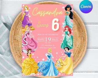 Editable Disney Princess Birthday Invitation Template, Digital Party Invite, Instant Download Girls Kids Birthday invite