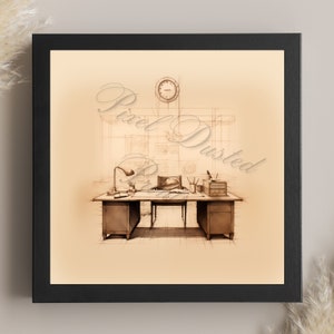 analytic digital print of an office, office drawing, antique, vintage, rustic
