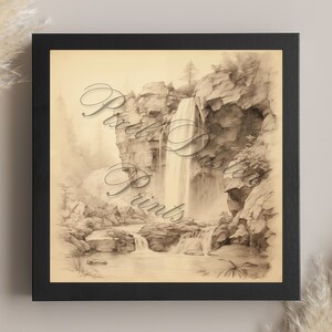 drawing digital print of a waterfall, waterfall sketch, beautiful scenery, forest art, waterfall wall art, nature decor, neutral wall art