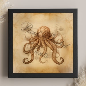 analytic digital print of a kraken, kraken drawing, kraken sketch, vintage pirate wall art, sea monster decor, mythical creature, nautical