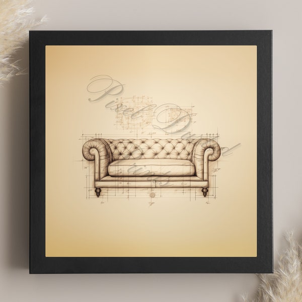 analytic digital print of a couch, vintage couch drawing, couch blueprint, antique couch