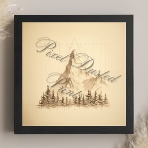 Analytic digital print of a mountain range, mountains art, geometric, mountain drawing, mountain sketch, hiker decor, outdoorsy wall art