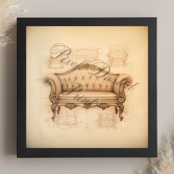 analytic digital print of a vintage couch, victorian loveseat, antique couch, Victorian decor, antiqued wall art, living room wall art