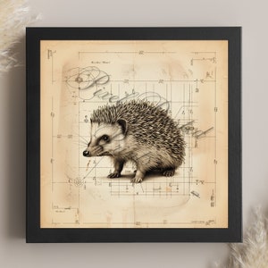 analytic digital print of a hedgehog, vintage hedgehog, hedgehog lover gift, animal wall art, cute vintage wall art, farmhouse decor