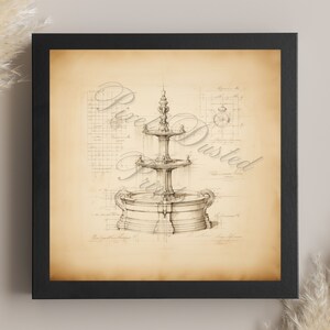 analytic digital print of a fountain, stone fountain drawing, antique print, vintage fountain, wall decor