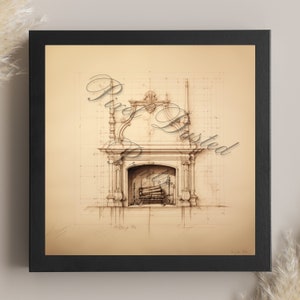analytic digital print of a fireplace, fireplace drawing, living room decor, vintage, victorian, antique, stone fireplace, marble, logs