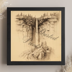 drawing digital print of a waterfall, waterfall sketch, beautiful scenery, forest art, waterfall wall art, nature decor, nature lover, cliff
