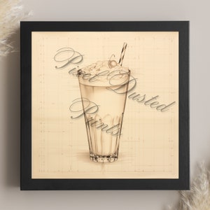 analytische digitale afdruk van een milkshake, jaren 50 diner, jaren 50 keuken, milkshake kunst aan de muur, milkshake minnaar cadeau, kers op de taart, vanillemilkshake