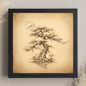 analytic digital print of a swamp tree, cottage core, swamp drawing, creepy, tree wall art, swamp decor, witchy decor, bog, spanish moss