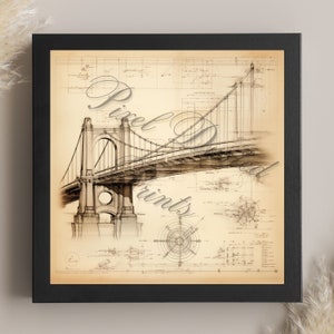 analytic digital print of a drawing of a city bridge, large bridge, blueprints, antique sketch, vintage, cityscape, bridge wall art
