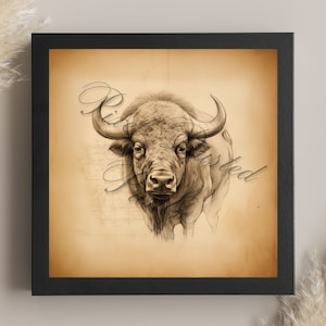 vintage digital print of a buffalo, buffalo drawing, farmhouse decor, gift for her, western art, ranch wall art, cute buffalo, cowboy vibes
