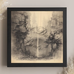 drawing digital print of a waterfall, waterfall sketch, beautiful scenery, forest art, waterfall wall art, nature decor, nature lover, cave