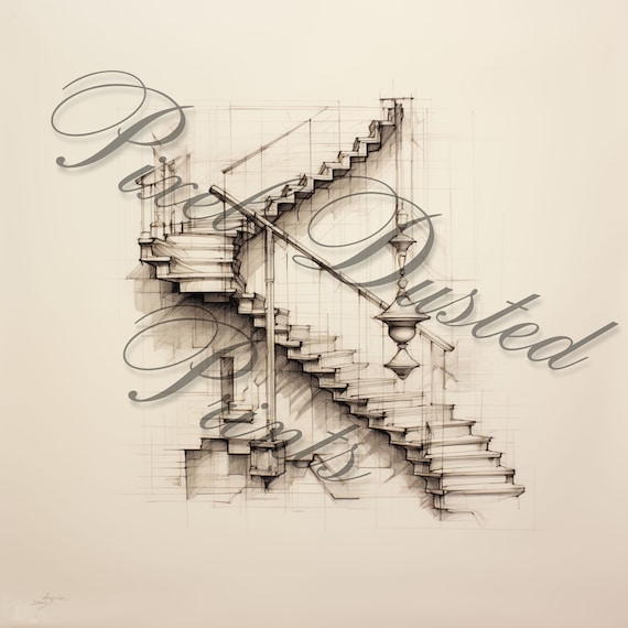 Analytic Digital Print of Stairs, Stairs Drawing, Stairs