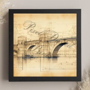 analytic digital print of a stone bridge, stone city bridge drawing, english bridge, england wall art, European bridge, vintage, antiqued