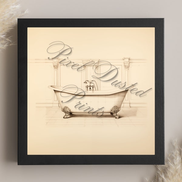 analytic digital print of a vintage clawfoot tub, bathtub print, victorian decor, bathroom wall art, antique, mansion, luxury decor, classy