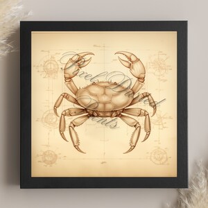 カニの分析デジタルプリント、カニの絵、海辺の壁アート、海の装飾、ヴィンテージ、アンティーク、ボヘミアン、島の装飾、海の装飾