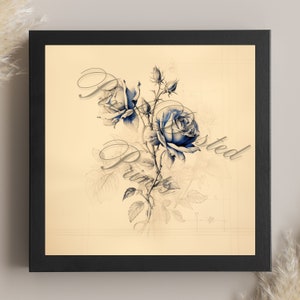 analytic digital print of a rose, blue rose, rose drawing, unique rose wall art, floral wall art, botanical decor, cottage core, victorian