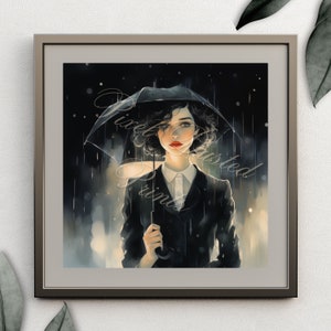 watercolor digital print of woman standing in rain holding umbrella, woman in business suit, black umbrella, rainy day painting, moody art