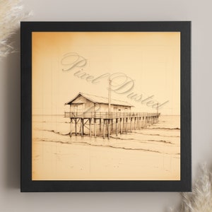 Analytic digital print of beach pier, vintage, antiqued, boho print, beach lover gift
