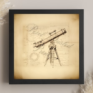 analytic digital print of a telescope, telescope drawing, vintage, antique, blueprint, nautical